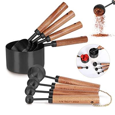 PrettyFine Collection 8 Piece Black Measuring Cups Set and Measuring Spoons, Golden With fragrant wood Handles-Complete Set of Measure Cups and Spoons