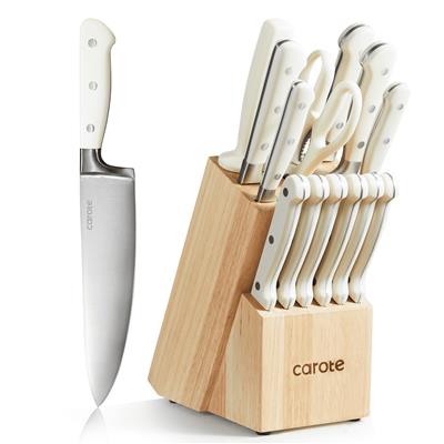 CAROTE 14 Pieces Knife Set with Wooden Block Stainless Steel Knives Dishwasher Safe with Sharp Blade Ergonomic Handle Forged Triple Rivet-Pearl White