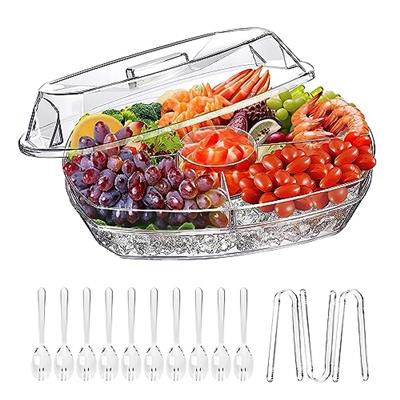 Extra Large Ice Chilled Serving Tray with Lid,Clear Fruit Platter with 4 Compartments,Shrimp Cocktail Serving Dish, Ice Serving Bowl for Fruit, Veggie