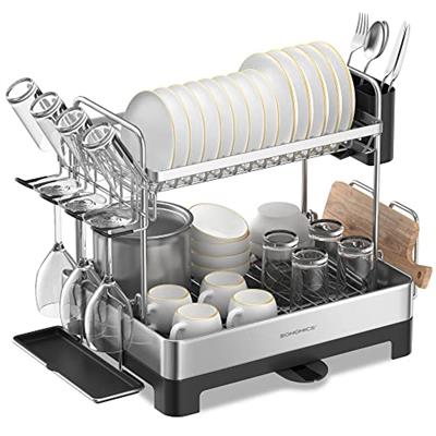 SONGMICS Dish Drying Rack - 2 Tier Dish Rack for Kitchen Counter with Rotatable and Extendable Drain Spout, Dish Drainer with Utensil, Cup, Glass, Cut