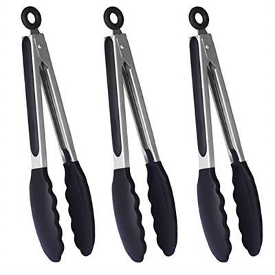 HINMAY 9-Inch Stainless Steel Cooking Tongs with Silicone Tips Kitchen Food Tongs for Serving, BBQ, Baking, Set of 3 (Black)
