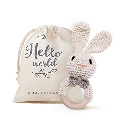 Youuys Wooden Baby Rattle Toys, Easter Bunny Rattle for Baby Crochet Bunny Rattle Toy Natural Wood, Shaker Rattle for Hand Grips, Boy Girl First Rattl