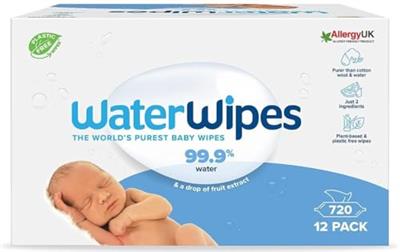 WaterWipes Plastic-Free Original Baby Wipes, 99.9% Water Based Wipes, Unscented for Sensitive Skin, 720 count (Pack of 12)