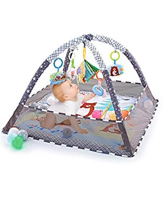 Trongle Baby Play Gym, Baby Play Mat Newborn with 5 Hanging Toys and 18 Ocean Balls, Lightweight Foam Stand Washable Soft Cotton Base, Playmats & Floo