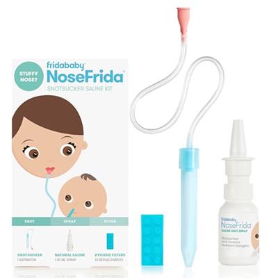 Frida Baby NoseFrida the SnotSucker Saline Bundle | Nasal Aspirator for Baby, Baby Nose Sucker | NoseFrida + 10 Hygiene Filters + 20ml All-Natural Sal