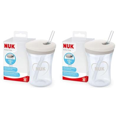 NUK Action Cup Toddler Cup | 12+ Months | Twist Close Soft Drinking Straw | Leak-Proof | BPA-Free | 230 ml | Hearts (Neutral) (Pack of 2)