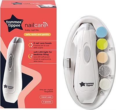 Tommee Tippee Electric Baby Nail File Trimmer, Battery-Powered Infant Nail Clipper with LED Light and Six Filing Heads for Baby and Adult Use