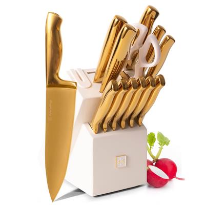 White and Gold Knife Set with Sharpener - 14PC Self Sharpening Knife Block Set - White and Gold Kitc
