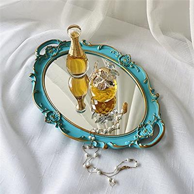 Yamfurga Oval Decorative Mirror Tray, French Style, Makeup Organizer, Jewelry Organizer, Serving Tray, 9.8x 14.6, Golden Blue
