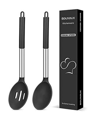 2 Pcs Silicone Cooking Spoons, Solid and Slotted Spoon Set, Non-Stick BPA Free Heat-Resistant Basting Kitchenware for Soup, Serving, Draining, Stirrin
