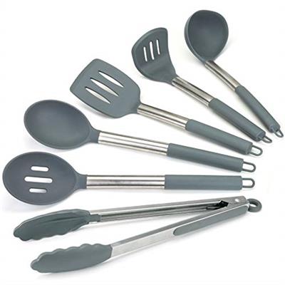 Lantana Premium 6pc Silicone Kitchen Utensil Set for Cooking. Sleek Grey and Brushed Stainless Steel. Includes; Tongs, Serving Spoon, Slotted Spoon &