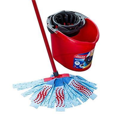 Vileda SuperMocio 3 Action Mop and Bucket Set, Mop for Cleaning Floors, Set of 1x Mop and 1 x Bucket, Red/Grey/Blue, 6 x 15 x 117 cm