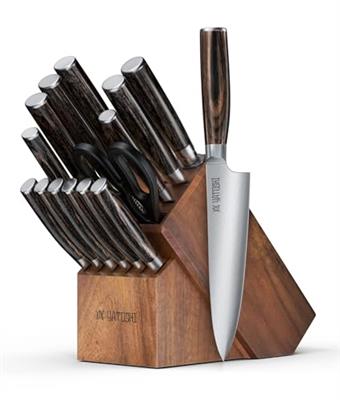 Yatoshi 15 Knife Block Set - Pro Kitchen Knife Set Ultra Sharp High Carbon Stainless Steel with Ergonomic Handle