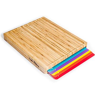 Bamboo Cutting Board Set - Easy-to-Clean Wood Cutting Board Set with 6 Color-Coded Flexible Plastic Cutting Boards with Food Icons - Wooden Cutting Bo