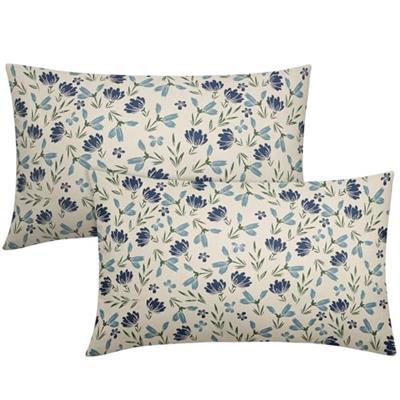 Aytipun Green Teal Navy Blue Floral Pillow Covers 12x20 Set of 2 Vintage Rustic Old Style Cute Small Flower Print Rectangle Decorative Outdoor Pillowc