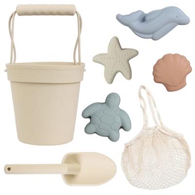 BLUE GINKGO Silicone Beach Toys - Modern Baby Travel Friendly Beach Set | Bucket, Shovel, 4 Sand Molds, Bag | Sand Toys for Toddlers, Kids - 7pc (Beig