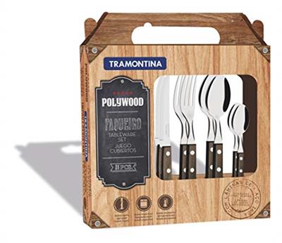 Tramontina Cutlery Set with Steak Knives, 24 Piece Sharp Knife, Forks, Teaspoons, Tablespoons with Wooden Handles, ‎Camping, Kitchen, Rustic, Dishwash
