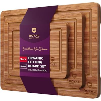 ROYAL CRAFT WOOD Wooden Cutting Boards for Kitchen Meal Prep & Serving - Bamboo Wood Serving Board Set with Deep Juice Groove Side Handles - Charcuter