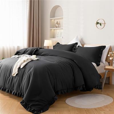 JANZAA Queen Comforter Set Black Comforter Set 3PCS (1 Ruffled Comforter Set and 2 Pillowcases) Shabby Chic Bedding Vintage Soft Fluffy Bed Set for Al