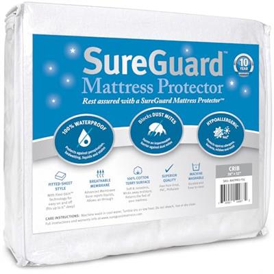 SureGuard Crib Size Mattress Protector - 100% Waterproof, Hypoallergenic - Premium Fitted Cotton Terry Cover White