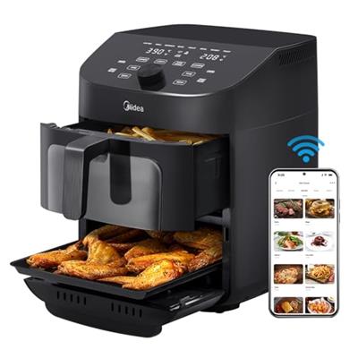 Midea Dual Basket Air Fryer Oven 11 Quart 8 in 1 Functions, Clear Window, Smart Sync Finish, Works with Alexa, Wi-Fi Connectivity, 50+ App Recipes for