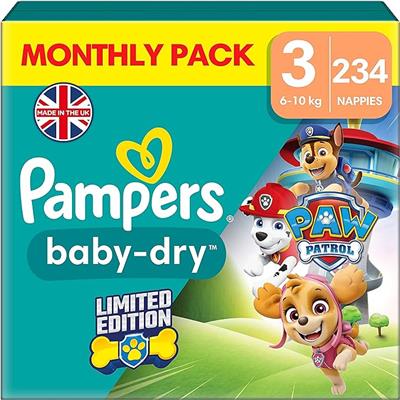 Pampers Baby-Dry Paw Patrol Edition Size 3, 234 Nappies, 6kg - 10kg, Monthly Pack, With A Stop & Protect Pocket To Help Prevent Leaks At The Back : Am