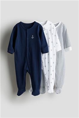3-pack cotton sleepsuits - Round neck - Long sleeve -Navy blue/Anchors -Kids | H&M GB