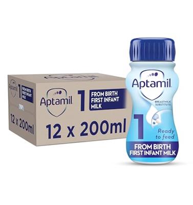 Aptamil 1 First Infant Baby Milk Ready to Use Liquid Formula, from Birth, 200 ml (Pack of 12),packaging may vary