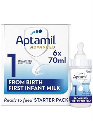 Aptamil Advanced 1 First Baby Milk Formula Starter Pack Ready to Use Liquid, from Birth, 6x70 ml