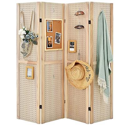 COSTWAY 4 Panel Folding Room Divider with Pegboard Display, Wooden Wall Privacy Screen Protector, Home Living Room Bedroom Hinged Paravent Partition S
