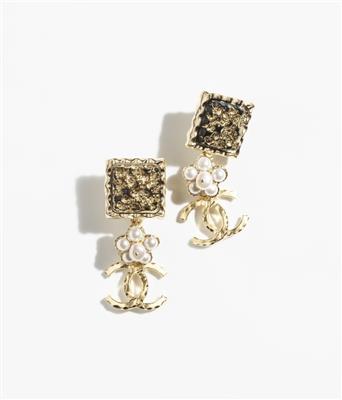 Pendant earrings - Metal, fresh water pearls & glass, gold, pearly white & black — Fashion | CHANEL