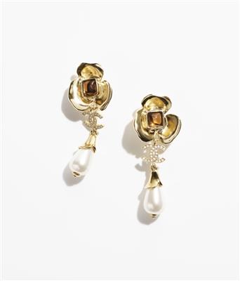 Pendant earrings - Metal, resin, glass pearls & strass, gold, brown, pearly white & crystal — Fashion | CHANEL