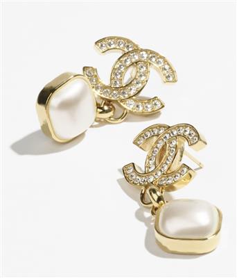 Pendant earrings - Metal, resin & strass, gold, pearly white & crystal — Fashion | CHANEL