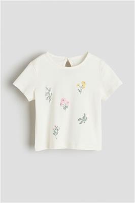 Motif-detail Cotton Top - Round Neck - Short sleeve -Cream/flowers -Kids | H&M CA