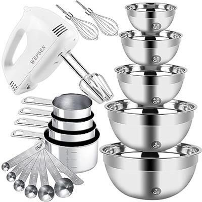 WEPSEN Hand Mixer Electric Mixing Bowls Set, 5 Speeds Handheld Mixer with 5 Nesting Stainless Steel Mixing Bowl, Measuring Cups Spoons 200W Kitchen Bl