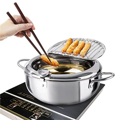 Kerilyn Deep Fryer Pot, 11 Inch/4.2 L Janpanese Style Tempura Frying Pot with Lid, 304 Stainless Steel with Temperature Control and Oil Drip Drainer R
