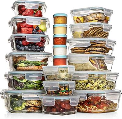 Razab 35 Pc Set Glass Food Storage Containers with Lids - Meal Prep Airtight Bento Boxes BPA-Free 100% Leak Proof (15 lids,15 glass & 5 Plastic Sauce/