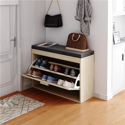 Rattan Shoe Rack Hallway Shoes Srorage Bench with Flip-Drawer and Seat Cushion