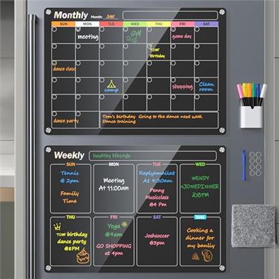 Acrylic Magnetic Dry Erase Board for Fridge, 2-Pack Monthly & Weekly Calendar Planner Note Blackboard Set for Refrigerator/Wall/Glass/Kitchen, 6 Color