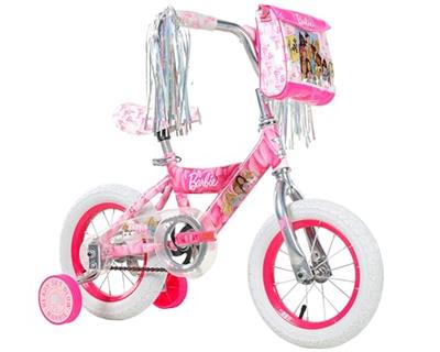 Dynacraft 12-Inch Barbie Girls Bike for Ages 3-5 Years with Custom Handlebar Bag, Pink and White