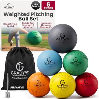 Gradys Pitching School Soft Shell Weighted Ball Set 32, 21, 14, 7, 5, and 3.5oz-Pitching/Throwing Velocity Training for Baseball and Softball/Seams o