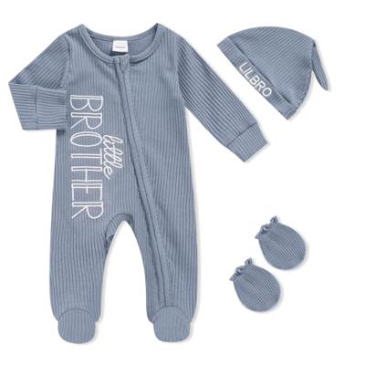 TITKKOP Newborn Baby Boy Outfits Zippered Romper Letter Embroidered Coming Home Jumpsuit with Hat Mittens