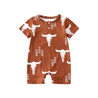 Baby Boy Girl Western Clothes Romper Short Sleeve Bodysuit Cow Print Jumpsuit Playsuit Ribbed Jumpsuit Summer Outfit(Short Brown, 0-3 Months)