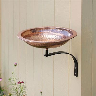 Hammered Copper Birdbath w/Wall Mount Bracket, 12.5 in. Tall, Polished Copper Plated