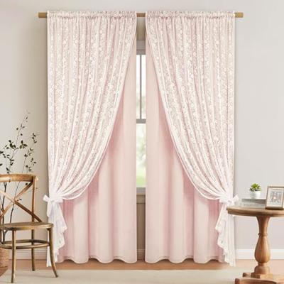 ASPMIZ Linen Pink Curtains for Bedroom, Double Layered Curtain 84 Inch Length 2 Panels Set, Farmhouse Rod Pocket Curtains & Drapes with Tiebacks, Ligh