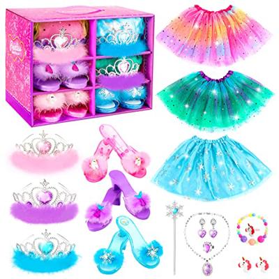 Princess Dress Up Shoes Set, Girls Dress Up Toys Toddler Jewelry Boutique Kit, 3 Themes of Unicorn Mermaid Ice Princess Costumes Set, Pretend Play Gif