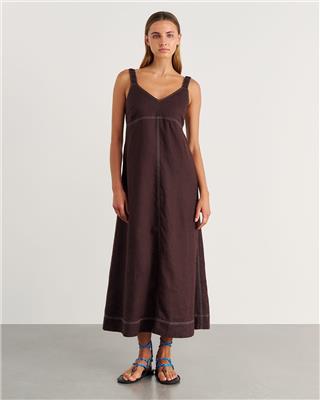 Sara Linen Midi Dress in Dark Chocolate | JAG