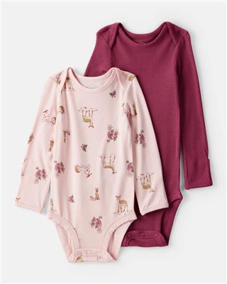 Baby Girl 2-Pack Deer & Floral Print PurelySoft Long-Sleeve Multipack Bodysuits - Red/Pink | Carter’s Oshkosh Canada