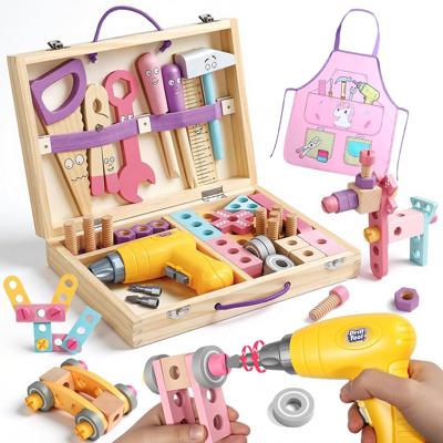 Kids Tool Set Wooden Toys for 3 Year Old Girls, Toy Drill& Tool Box& Apron | 47PCS Montessori Wooden Tool Set, Little Builder Pretend Play Educational