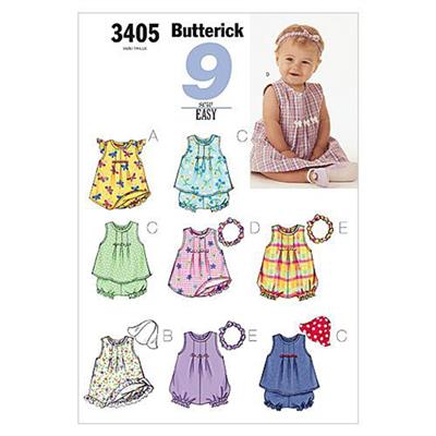 Butterick B3405 Infants Dress, Top, Romper, Panties Hat & Headband Pattern S - M (Paper)